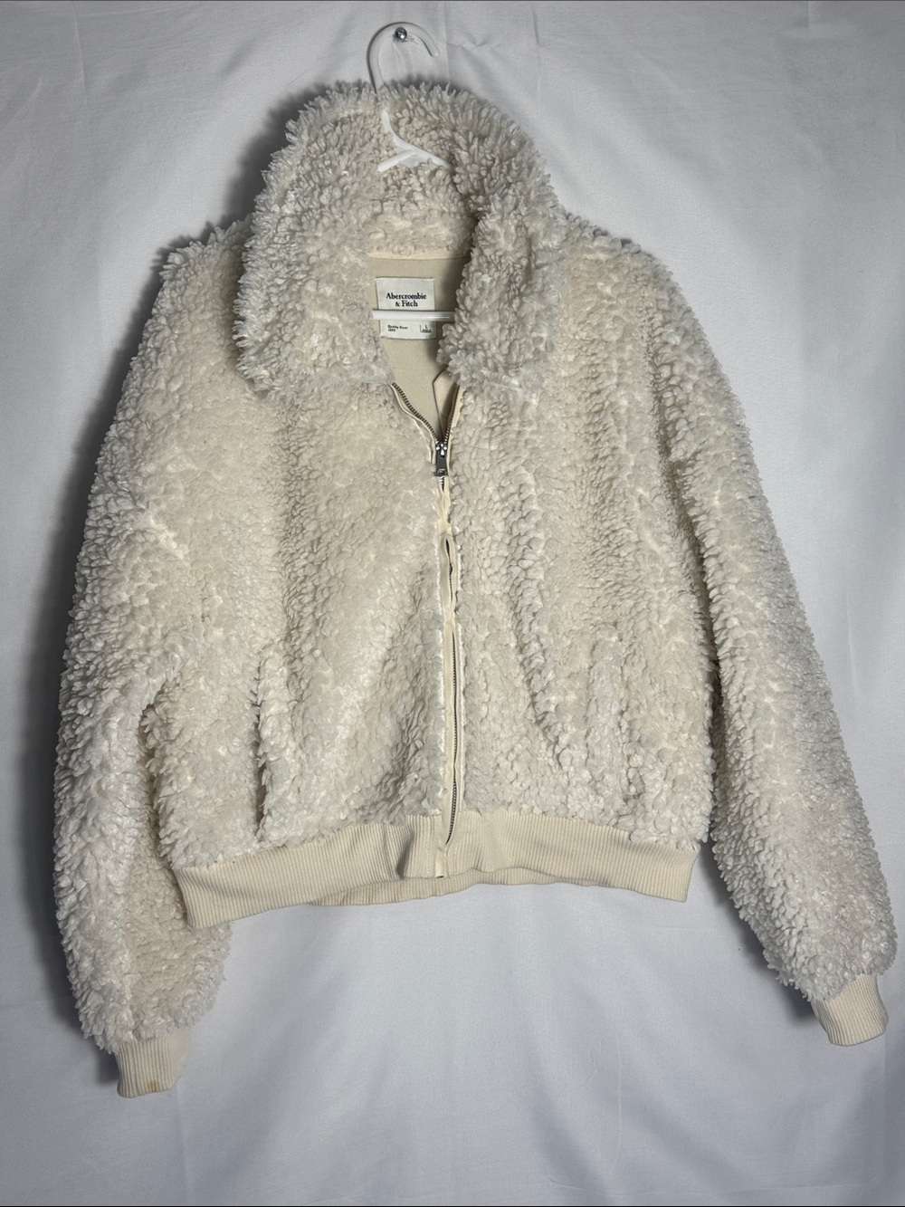 Abercrombie & Fitch Off-White Teddy Sherpa Bomber Zip Jacket Large